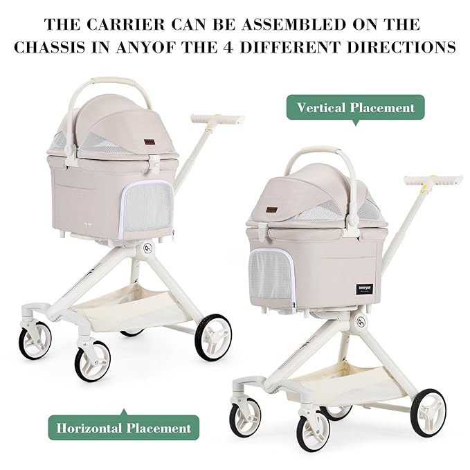 TT Lightweight Pet Stroller for Small Dogs & Cats - 4-Way Installation Carrier, One-Hand Fold, 180° Canopy Cover & Adjustable Handle (Beige)