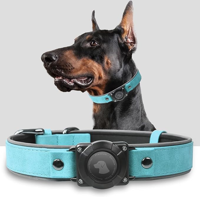AirTag Dog Collar - Leather Dog Collar with Air Tag Holder | IPX8 Waterproof, Reflective, High - End, Adjustable Soft Padded | Dog GPS Tracker Collars Fit for Medium Large Dogs (Light Blue, XL)