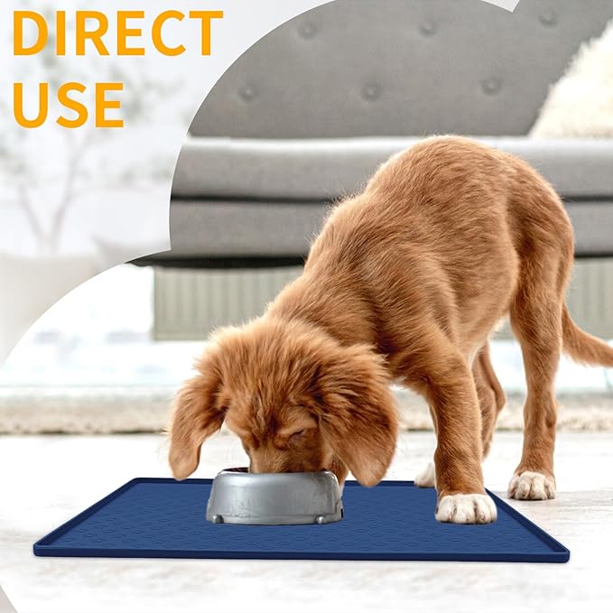 Ptlom Silicone Pet Placemat for Dog and Cat, Waterproof Non-Slip Pet Feeding Bowl Mats for Food and Water, Small Medium Large Tray Mat Prevent Residues from Spilling to Floor, Navy Blue, 24.5" 16.5"