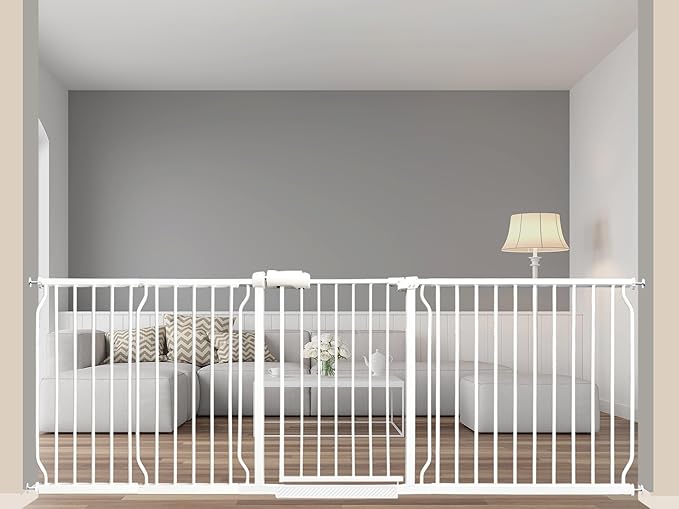 Extra Wide Baby Gate 85.8-90.5 Inch, Pressure Mounted No Drilling, for Stairs & Doorways, Metal White Indoor Safety Gate for Kids and Dogs