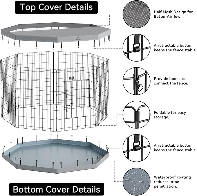 PJYuCien Dog Playpen, 8 Panels 30”H Dog Playpen Indoor with Grey Bottom Pad and Top Cover, Metal Foldable Dog Pen for Indoor Use, Better for Small Medium Animals, Grey
