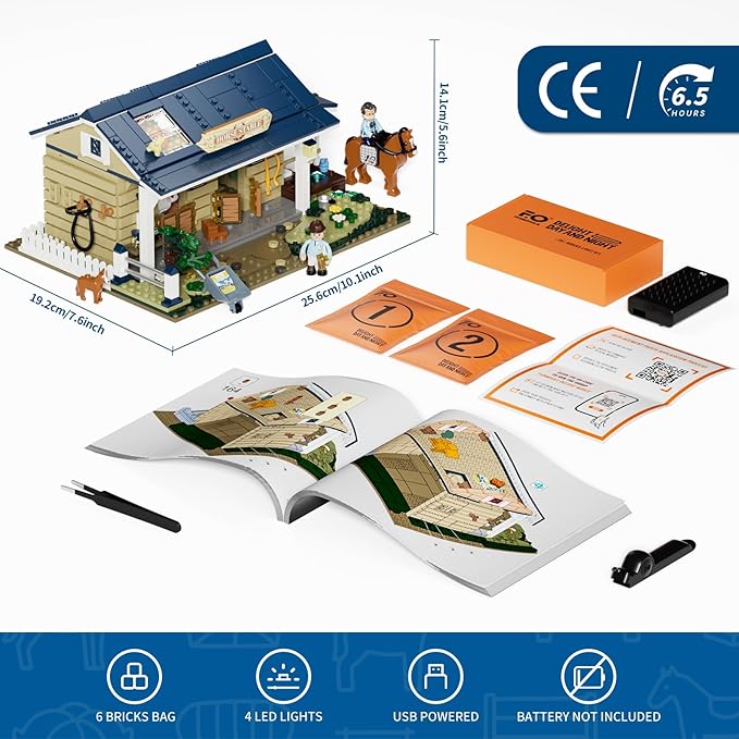 FUNWHOLE Farm Horse-Stable Lighting-Building-Bricks Set - Farm Life Horse Animals Cabin Collection LED Light Cottage Model Display Set 973 Pcs for Adults and Teen