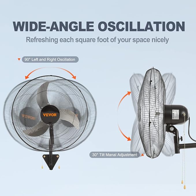 VEVOR 18 inch Wall Mount Fan Oscillating, 3-speed High Velocity Max. 4000 CFM Industrial Wall Fan for Indoor, Commercial, Residential, Warehouse, Greenhouse, Workshop, Basement, Black, ETL Listed