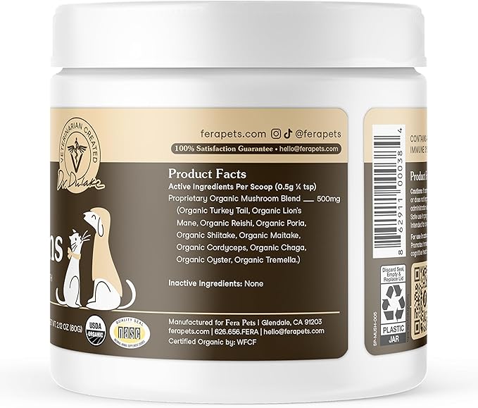Fera Pets Mushroom Supplement for Dogs & Cats with Turkey Tail - USDA Organic - Cognitive and Immune Support - Enhances Liver Function - Supports a Healthy Gut - Powder - 120 Scoops