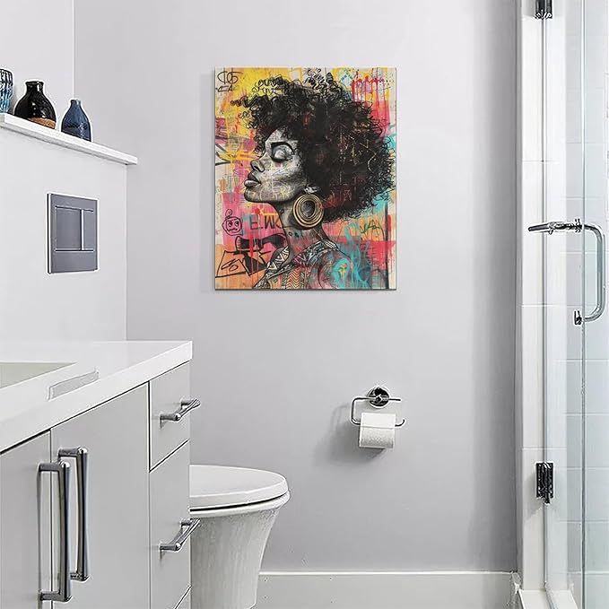 Quorin African American Wall Art Banksy Graffiti Black Woman Pictures Black Girl Wall Decor Canvas Print Painting Artwork for Bathroom Living Room Bedroom 16"x20"