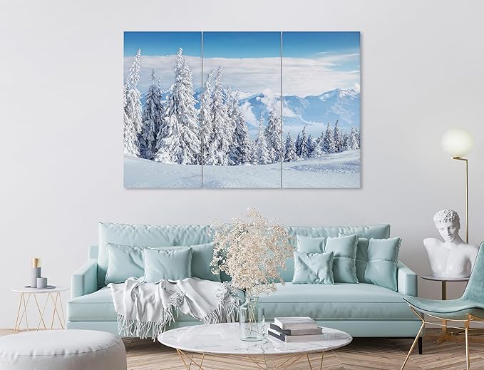 Nature Wall Art Prints - Ocean Forest Mountain Lake Canvas Landscapes - Small to Extra Large Living Room Bedroom Kitchen Bathroom Décor (Snow Covered Trees on Mountain, 31L" x 47W" - 3 Panels)