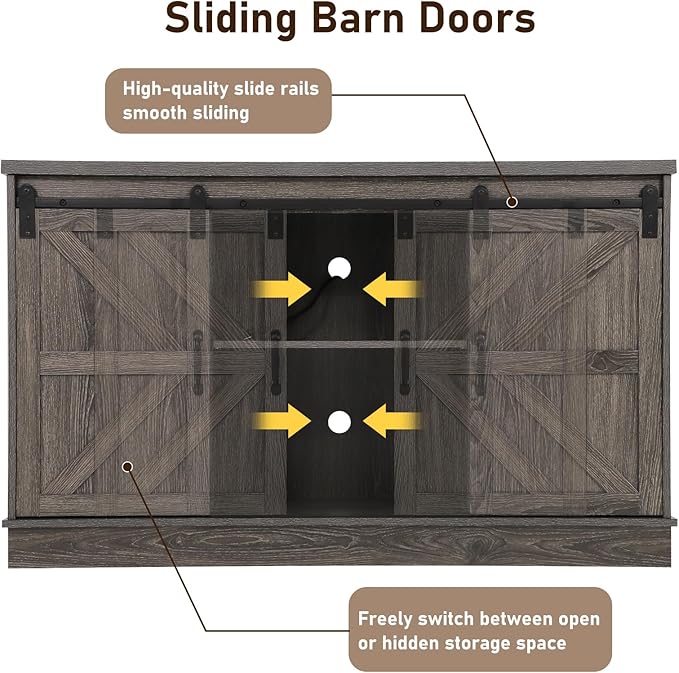 Farmhouse 55-75 Gallon Fish Tank Stand with Power Outlet, Aquarium Stand with Cabinet&Sliding Barn Door, Heavy Duty Reptile Tank Stand for 2 Fish Tank/Turtle Tank/Reptile Terrarium, Grey