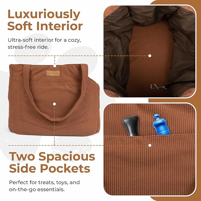Corduroy Dog Carrier - Lightweight Cotton Soft-Sided Pet Tote with Safety Harness Clip - Breathable Travel Carrier for Small Dogs and Puppies (Brown)