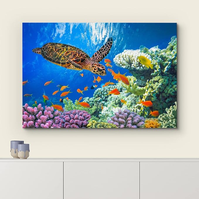 wall26 Canvas Print Wall Art Vibrant Neon Underwater Turtle, Reef & Fish Nature Animals Photography Realism Rustic Scenic Landscape Wilderness Colorful for Living Room, Bedroom, Office - 32"x48"