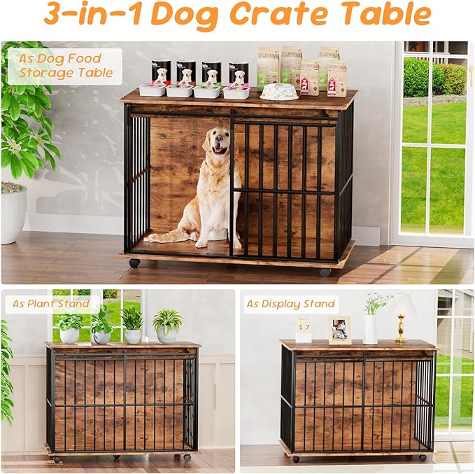 43.7" Dog Crate Furniture, XL Dog Crate Dog Kennel Indoor with Wheels for Large Medium Small Dogs, Wooden Dog Kennel End Table with Sliding Door Wooden Furniture Crates for Living Room, Bedroom