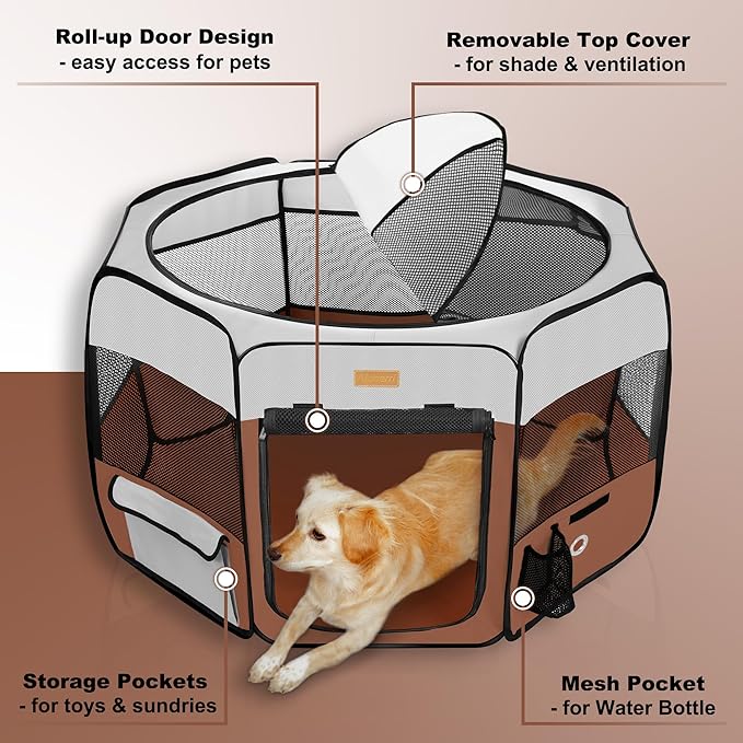 Dog Playpen, Portable Pet Play Pen for Cat, Puppies, Rabbits, Chickens, Foldable Large-Capacity Pet Tent for Indoor/Outdoor Travel Camping Brown