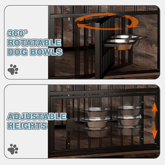 86.6Inch Large Double Dog Crate Furniture,Heavy Duty Metal Frame Dog Crate Kennel with Adjustable Feeder Bowls and Removable Divider&Drawers,Chew-Resistant Dog Kennel for 2 Dogs Indoor