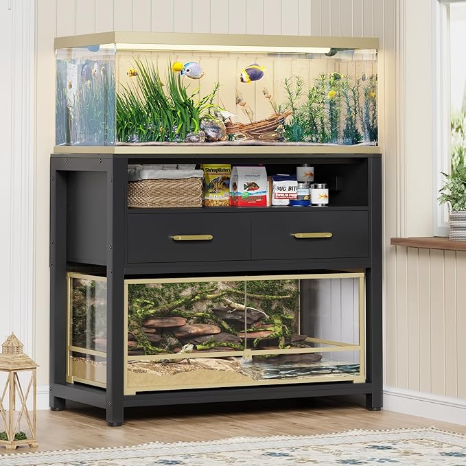 40-50 Gallon Fish Tank Stand with Power Outlet & 2 Storage Drawers, Heavy Duty Metal Frame Aquarium Stand with Waterproof Mat, 36.6" L*19.1" W Tabletop, 800LBS Capacity, Black