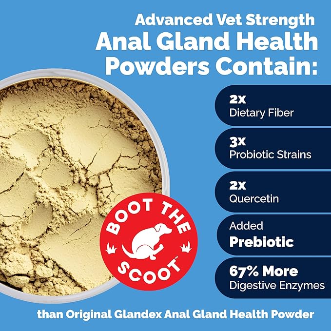 Glandex Dog Fiber Supplement Powder for Anal Glands with Pumpkin, Digestive Enzymes & Probiotics - (Regular or Advanced Strength) - Boot The Scoot (8.5 oz, Advanced Strength Duck & Bacon)