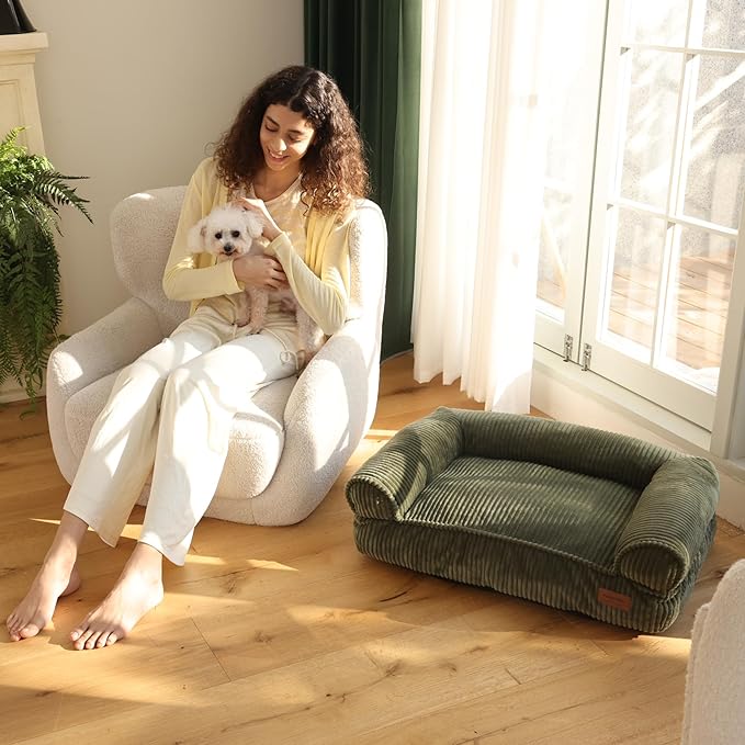 FUKUMARU Dog Couch Bed, Corduroy Cozy Cat Bed for Indoor Cats with Washable Cover, Supportive Waterproof Dog Beds Sofa for Small Dogs and Large Cats Cute, 28inch, Medium, Green