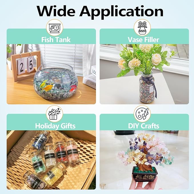 3 Lb Crystal Chips Bulk Tumbled Crushed Quartz Stones, 7 Chakra Crystal Quartz Rocks Healing Stones Pebbles for Vases Filler, Aquarium Gravel Rocks, Succulent Plants Decor