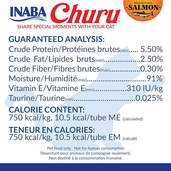 INABA Salmon Churu Cat Treats, Lickable, Squeezable Creamy Purée Cat Treat with Green Tea Extract & Taurine, 0.5 Ounces Each Tube, 40 Tubes, Salmon Variety Box
