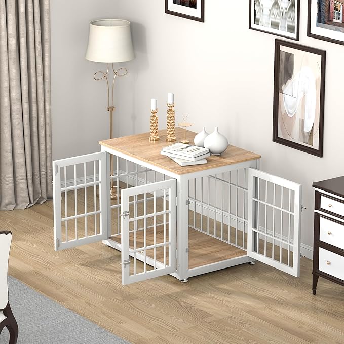 32 Inch Heavy Duty Dog Crate Furniture for Medium and Small Dogs, Decorative Pet House End Table, Wooden Cage Kennel Furniture Indoor, Natural and White