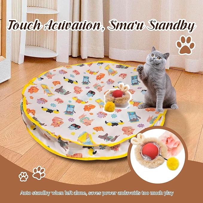 28-Inch Automatic Cat Toys Cat Play Mat with Motion-Activated Rolling Ball–Interactive Hide-and-Seek Cat Toy for Indoor Cats’ Exercise