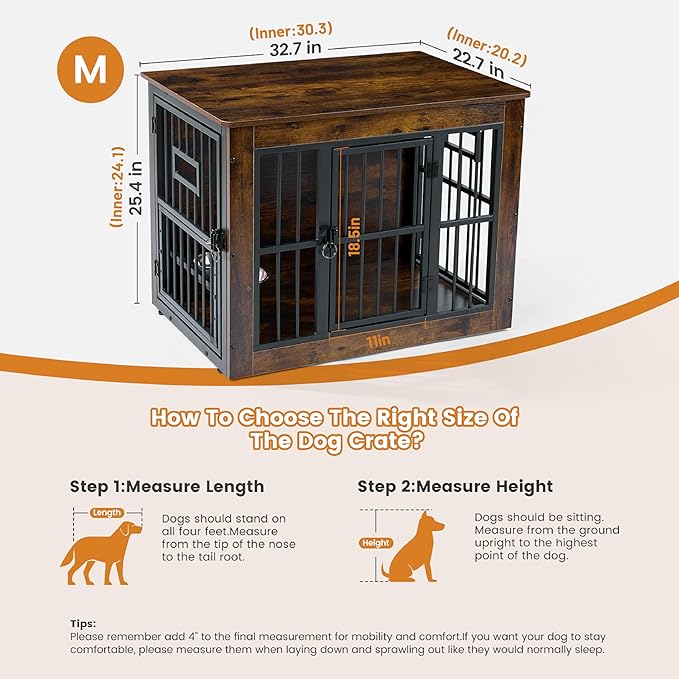 Gardner Pet Dog Crate Furniture for Medium Dogs, 32.7 Inch Dog Kennel Indoor, Wooden Dog Cage End Table with 2 Removable Bowls, Heavy Duty Dog Crate, Rustic Brown