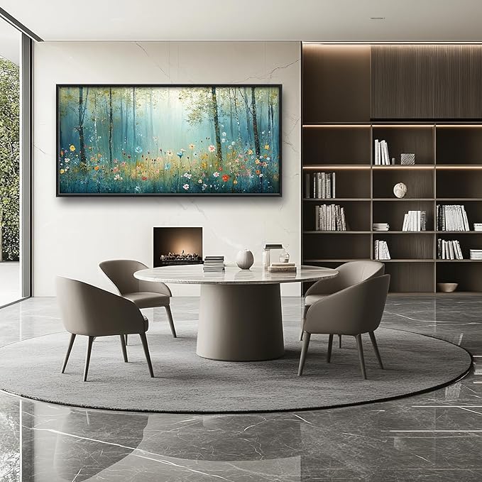 Large Forest Tree Wall Art for Living Room, Framed Oversized Wildflowers Wall Decor, Foggy Landscape Canvas Painting Modern Artwork Home Decoration for Dining Room Bedroom Office 60"x30"