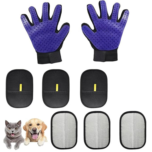 8 Pcs Pet Grooming Gloves for Shedding – 6x Reusable Cat & Dog Hair Removal Gloves+ 1 Pair 2-in-1 Deshedding Brush & Massage Mitt – Safe for Dogs & Cats, Efficient (Blue)