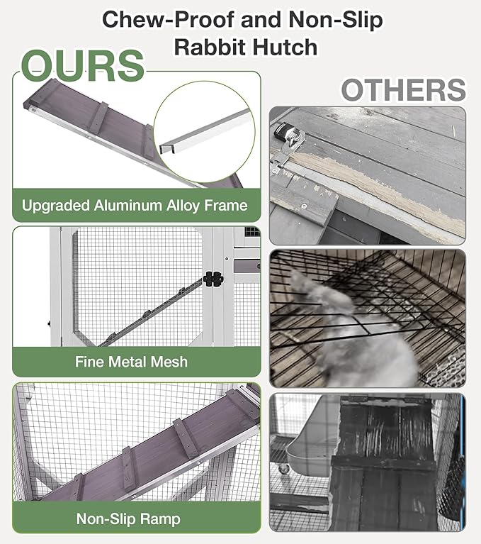 Rabbit Hutch 2-Story Wooden Bunny Cage with 2 Leak-Proof Sliding Trays, Chew-Proof Metal Mesh, Rainproof Cover, Indoor & Outdoor Guinea Pig House with Wheels - Grey