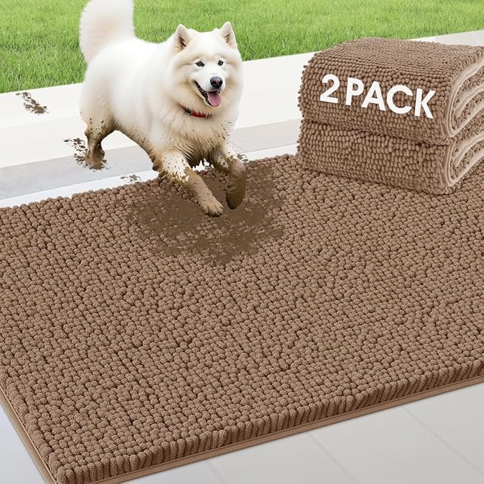 IM HOME 2 Pieces Muddy Door Mats for Dogs, Chenille Absorbent Pet Mats, Quick Dry, Trap Dirt Non Slip Heavy Indoor Doormat Soft Dog Bed Mat Front Inside Door Mat for Indoor Outdoor Entrance,Camel