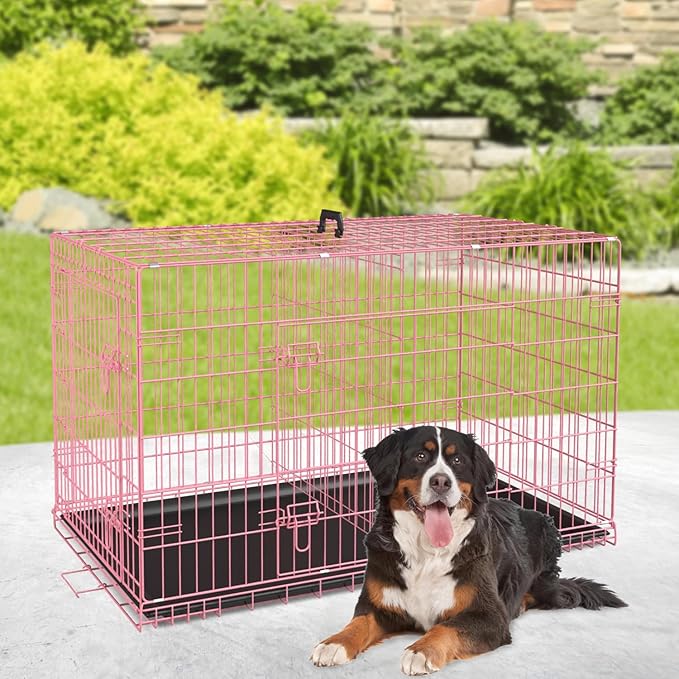 BestPet | Dog Crate | 48" | Pink | Foldable Metal Kennel with Double Doors, Secure Slide-Bolt Latches, Leakproof Tray | Portable Dog Cage for Large Breeds | for Travel, Indoor & Outdoor Use