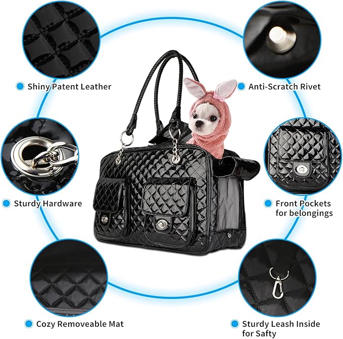 Soft-Sided Pet Travel Carrier Airline Approved for Pet Small Dog and Cat Collapsible, Black Shiny Patent Leather