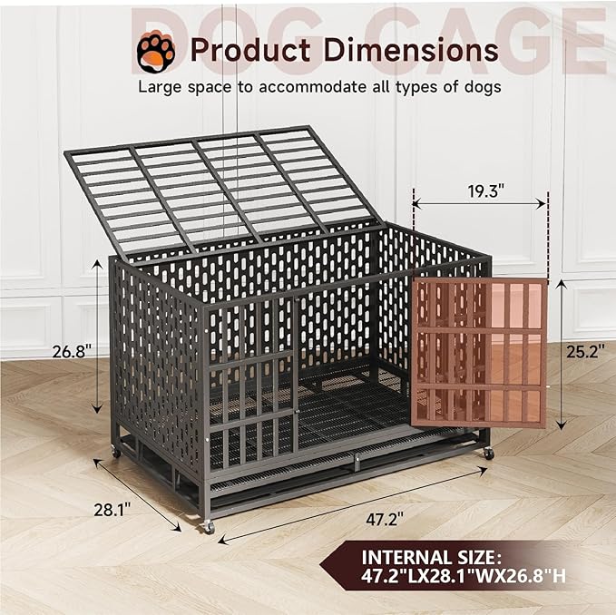48/42 Inch Heavy Duty Indestructible Dog Crate Steel Escape Proof, Indoor Double Door High Anxiety Cage, Kennel with Wheels, Removable Tray, Extra Large XL XXL