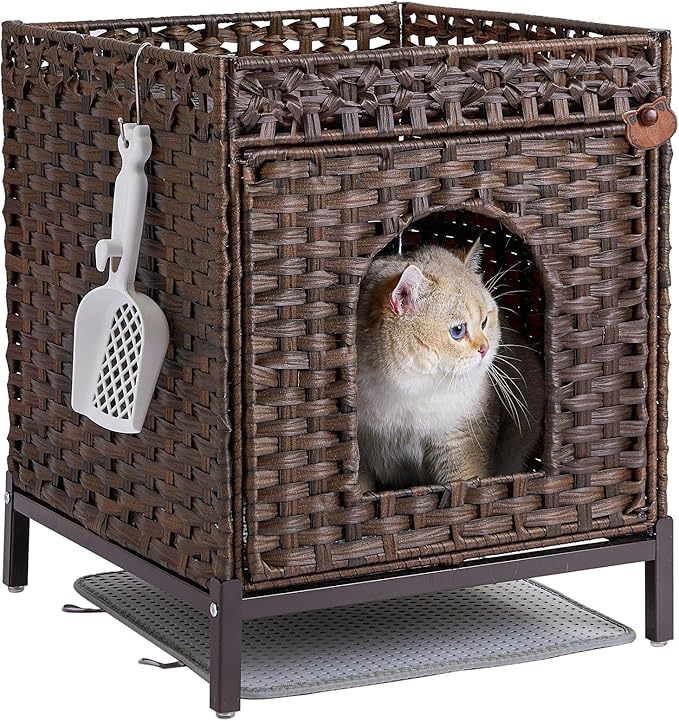 Cat Litter Box Enclosure Hidden Litter Box Furniture with Metal Heightened Feet, Rattan Handwoven Cat House with Litter Mat, Hidden Litter Box Furniture for Bedroom Living Room Brown