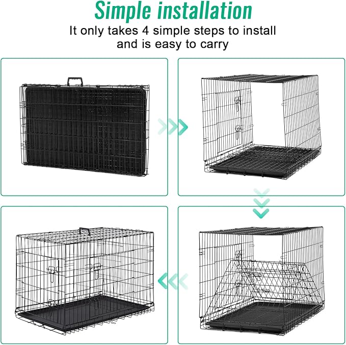 FDW Dog Crate for Large Dogs 42 Inch Folding Metal WirePet Cage Double Door W/Divider Panel Indoor Outdoor Kennel Leak-Proof Plastic Tray,Black
