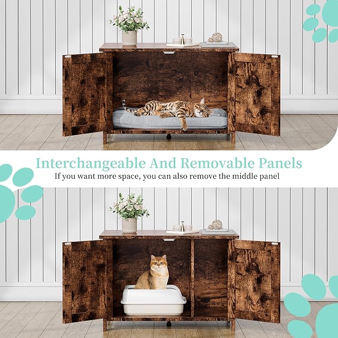 Vongrasig Cat Litter Box Enclosure,Litter Box Furniture Hidden with Barn Door,Wooden Cat Washroom Furniture,Cat House,End Table, Fit Most of Litter Box, Brown