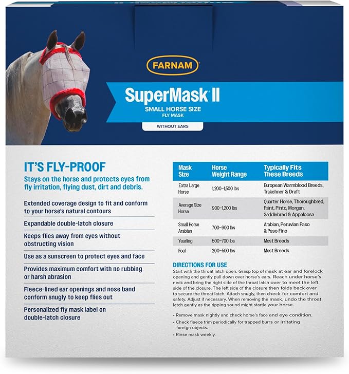 Farnam SuperMask II Fly Mask Without Ears for Smaller Horses or Arabian Horses,Full Face Coverage & Eye Protection from Insect Pests, Structured Classic Mesh with Plush Trim,Small Horse/Arabian Size