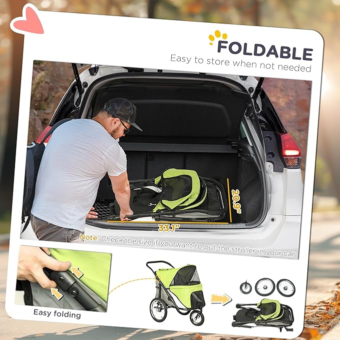 PawHut Dog Stroller, Pet Stroller 3 Wheels with Easy One-Hand Fold, Rubber Wheels, Storage Bag, Soft Cushion, Safety Leash, for Small & Medium Dogs, Yellowish Green