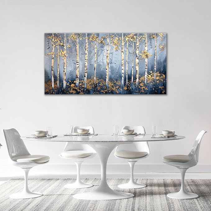 Large White Birch Wall Art Forest Golden Leaves Canvas Living Room Nature Landscape Pictures Framed Prints Oversize Wall Decor Painting Artwork for Bedroom Dining Home 60"x30"