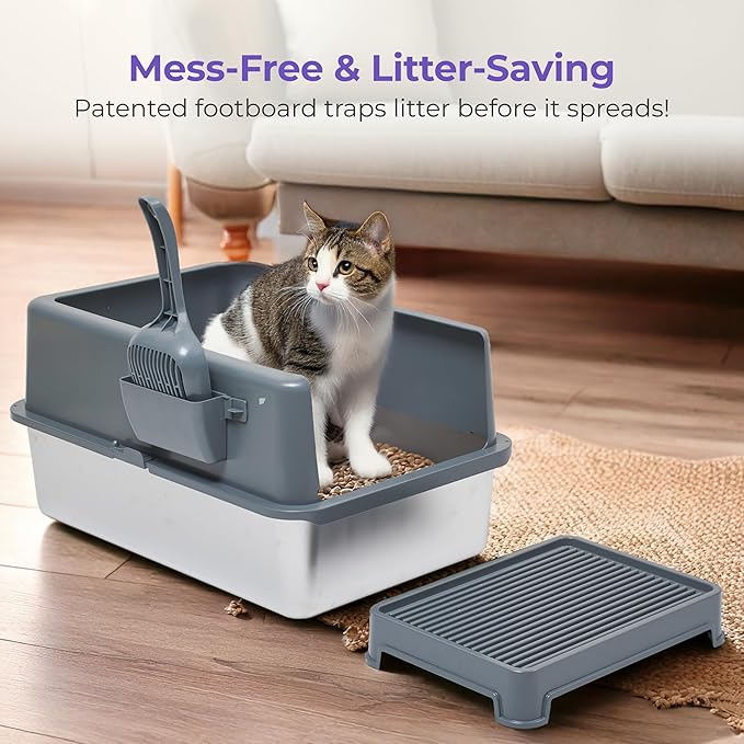iPrimio Premium Stainless Cat Litter Box for Easy Cleanup - Durable and High Sides Stainless Steel Litter Box with Step Scoop - Mat Elevated for Cats - Scratch and Bite Proof - Dark Grey