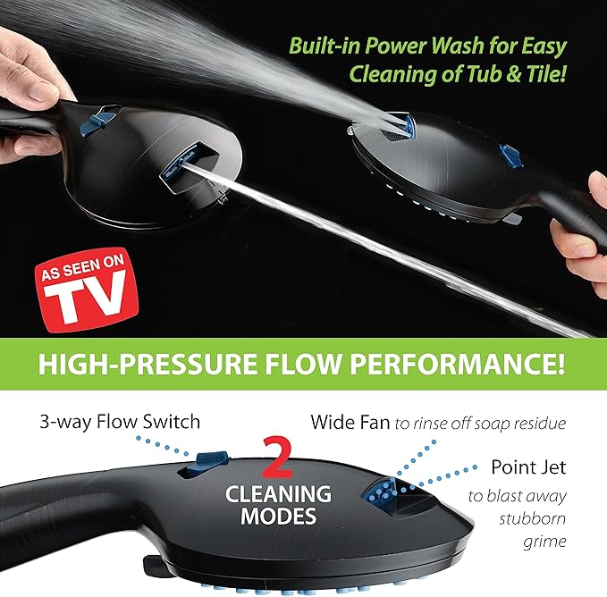 Hotel Spa AquaCare High Pressure 8-mode Handheld Shower Head - Anti-clog Nozzles, Built-in Power Wash to Clean Tub, Tile & Pets, Extra Long 6 ft. Stainless Steel Hose, Wall & Overhead Brackets
