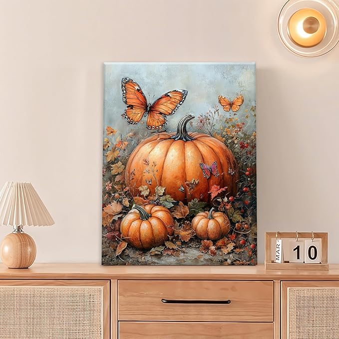 Fall Pumpkin Pictures Wall Art, Rustic Thanksgiving Bathroom Wall Decor, Farmhouse Autumn Butterfly Framed Painting Canvas Artwork for Harvest Gift Bedroom Living Room Decorations 20"L x 16"W