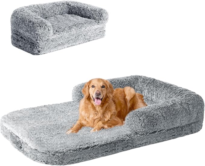 EHEYCIGA Human Dog Bed for Kids, Foldable XXL Dog Bed, Faux Fur Fluffy Pet Couch Bed, Orthopedic Calming Memory Foam Big Pet Bed, Washable Pet Sofa Bed with Non-Slip Bottom, Grey, 54"x38"x7.5"