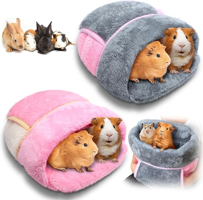 Wenqik 2 Pcs Guinea Pig Bed Cuddle Warm Hideout Small Animal Sack Cozy House Bedding Sleeping Cushion Portable Pet Carrier Cage Nest for Rabbit Hamster Rat (Gray, Pink,Plain)