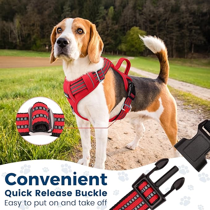 Funfox Dog Harness No Pull, Adjustable Pet Vest Harness, Super Soft Material with Vertical Handle Easy Control, Reflective Night Walking, 2 Leash Clips for Large Dogs, Red, L