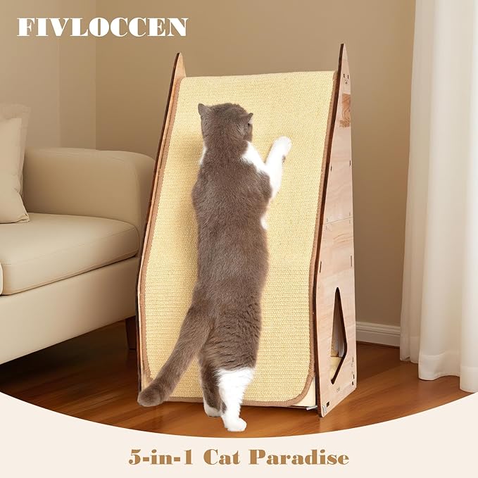 24in Multi-Functional Cat Furniture: Sisal Scratching Posts & Sturdy 3D Wood Frame for Indoor Cats, Integrated Cat Condo Hideout Tunnel All-in-One Space Saver for Multi-Cat & Budget-Friendly