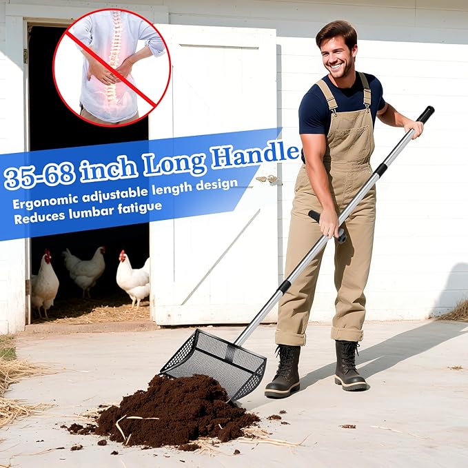 12 Inch Chicken Poop Scooper & Rake 2-in-1, Large Metal Shovel Head, Rubber Handle Stainless Steel Chicken Litter Scoop for Chicken Coops, Litter Screening Scoop (35 to 65in) US Patent Pending (Black)