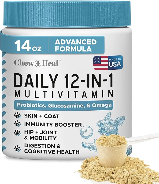 12-in-1 Multivitamin Powder for Dogs - 14 oz of Puppy and Senior Dog Vitamins and Supplements - Advanced Formula with Glucosamine, Omega 3,6,9, Vitamins, Probiotics, and More - Made in The USA