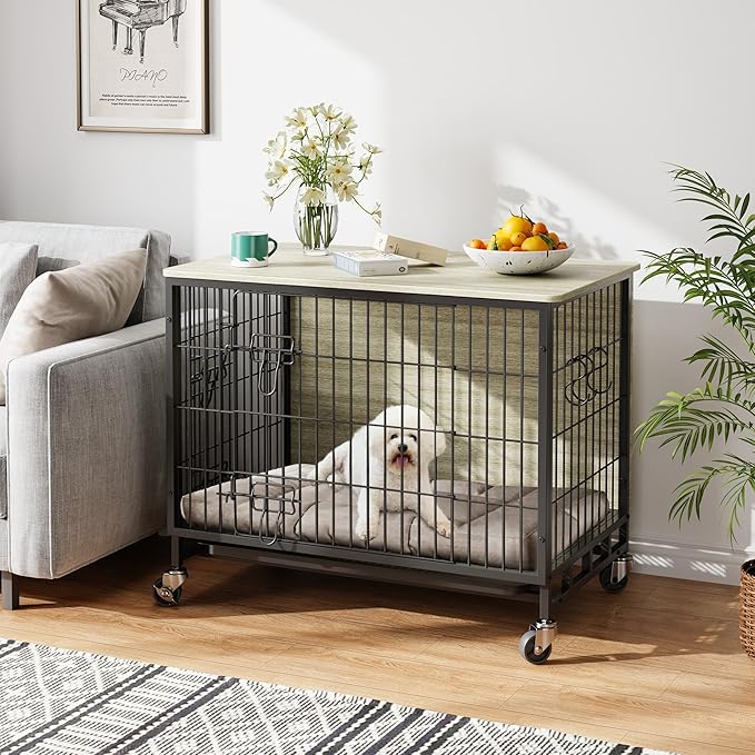 Dog Crate Furniture, 32.5" Wooden Dog Crate Furniture Side End Table, Indoor Kennel with Double Doors, Dog Crates for Medium Dogs, Grey