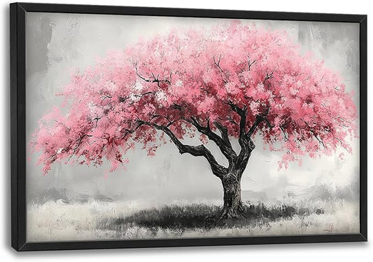 Extra Large Framed Pink Tree Wall Art,Abstract Tree of Life Wall Decor,Pink and Grey Pictures for Living Room,Canvas Print Painting Modern Artwork Bedroom Office Bathroom Home Decor 36L x24W