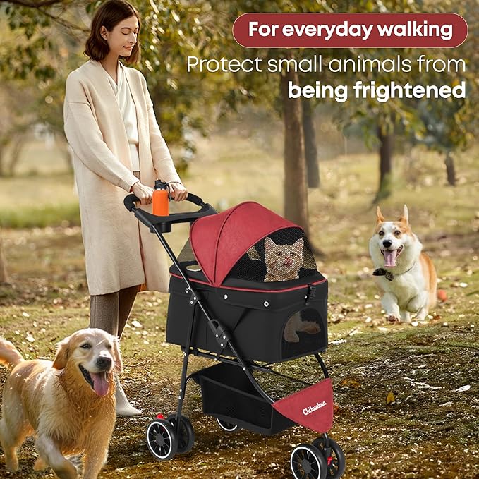 Pet Stroller,Dog Stroller for Small Medium Dogs Cats,3 Wheels,Foldable,with Breathable Mesh Canopy,Cup Holders,Easy Assembly,Red+Black