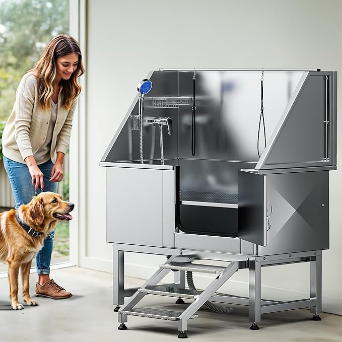 DWVO Professional Pet Dog Bathing Station for Grooming, 50'' Dog Grooming Bathtub with Right Staris, Floor Grate, Faucet, Showerhead & Soap Holder for Large, Medium & Small Pets